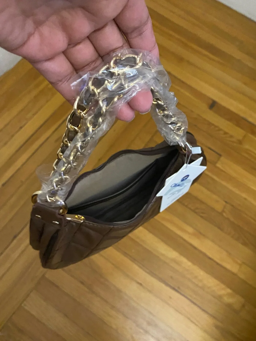 chinllo brown Quilted Crescent Shoulder Bag with Chain Strap